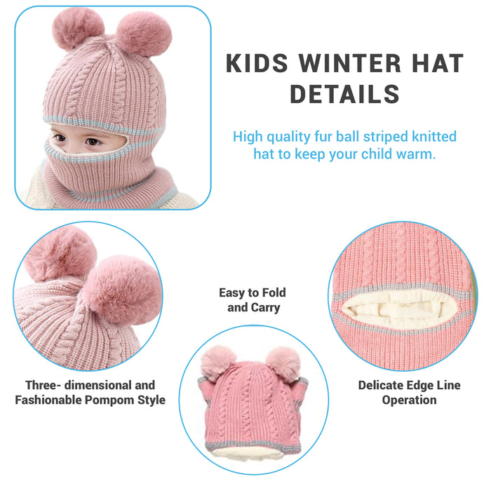 Babymoon Pom-Pom Knit Winter Kids Boys Girls Monkey Cap Baby Hat | Pink | 2-8 yr