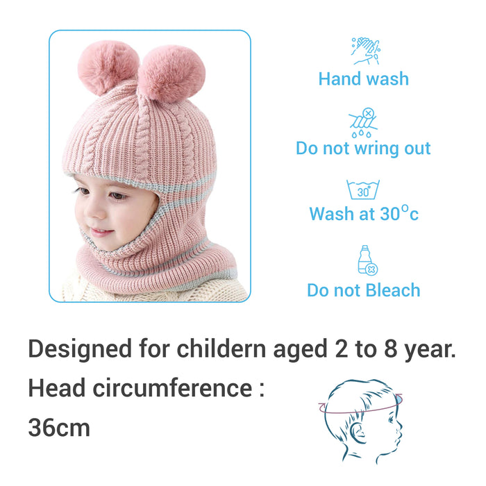 Babymoon Pom-Pom Knit Winter Kids Boys Girls Monkey Cap Baby Hat | Pink | 2-8 yr