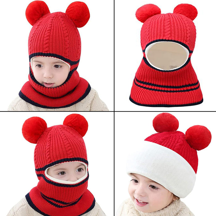 Babymoon Pom-Pom Knit Winter Kids Boys Girls Monkey Cap Baby Hat | Red | 2-8 yr