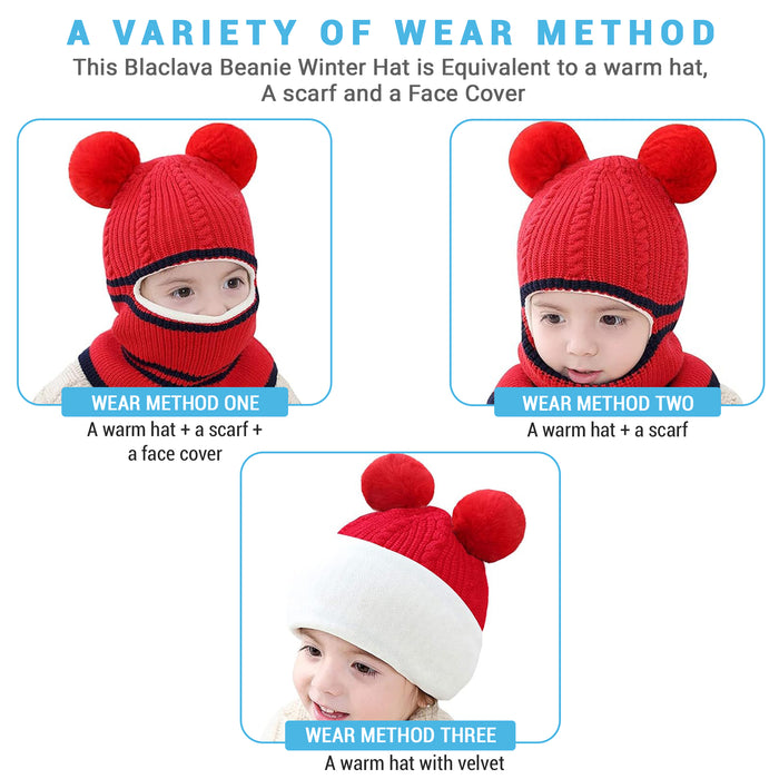 Babymoon Pom-Pom Knit Winter Kids Boys Girls Monkey Cap Baby Hat | Red | 2-8 yr