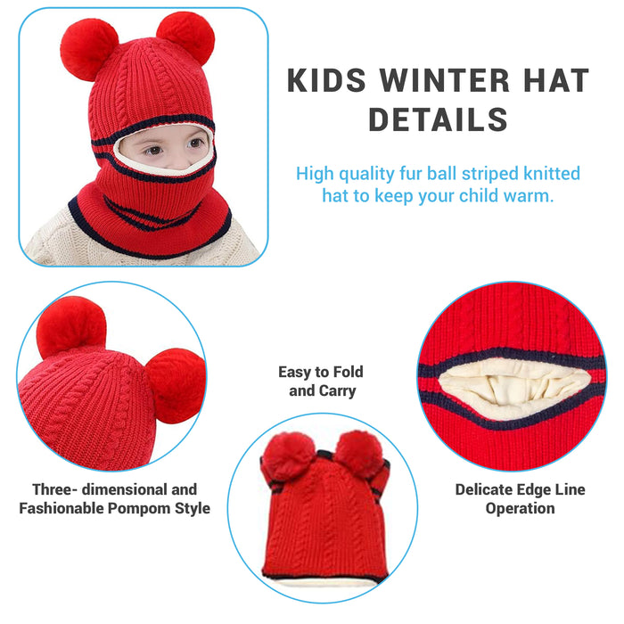 Babymoon Pom-Pom Knit Winter Kids Boys Girls Monkey Cap Baby Hat | Red | 2-8 yr