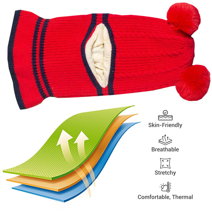 Babymoon Pom-Pom Knit Winter Kids Boys Girls Monkey Cap Baby Hat | Red | 2-8 yr