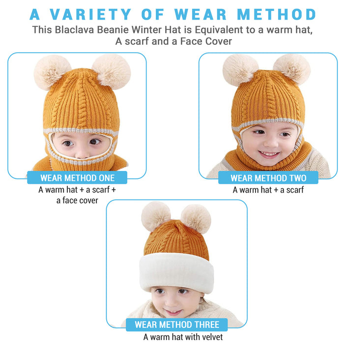 Babymoon Pom-Pom Knit Winter Kids Boys Girls Monkey Cap Baby Hat | Yellow | 2-8 yr