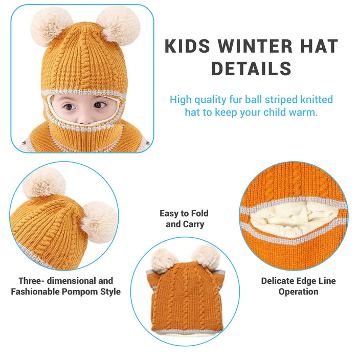 Babymoon Pom-Pom Knit Winter Kids Boys Girls Monkey Cap Baby Hat | Yellow | 2-8 yr