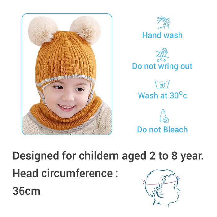 Babymoon Pom-Pom Knit Winter Kids Boys Girls Monkey Cap Baby Hat | Yellow | 2-8 yr
