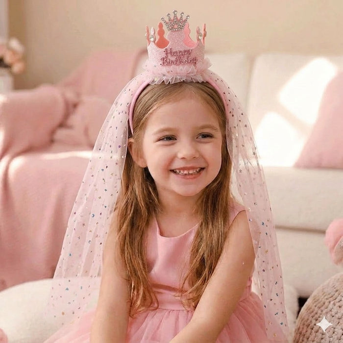 Babymoon Princess Birthday Party Girls Crown Headband with Veil | Hair Accessories | 3-8 Yrs