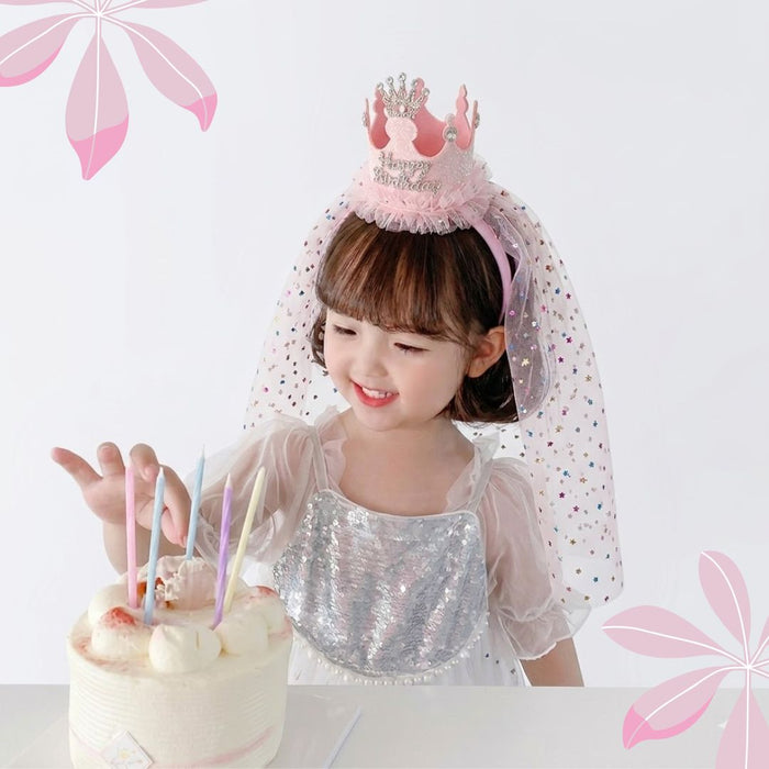 Babymoon Princess Birthday Party Girls Crown Headband with Veil | Hair Accessories | 3-8 Yrs