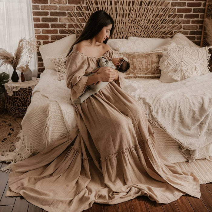 Babymoon Puff Sleeve Front Slit Maternity Gown Dress | Beige