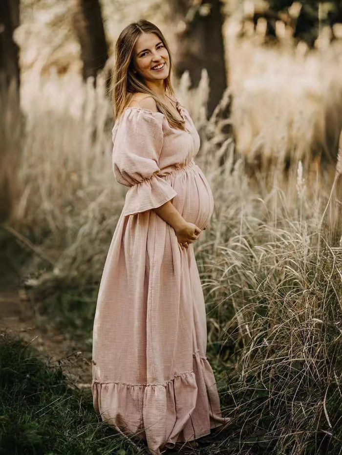 Babymoon Puff Sleeve Front Slit Maternity Gown Dress | Beige