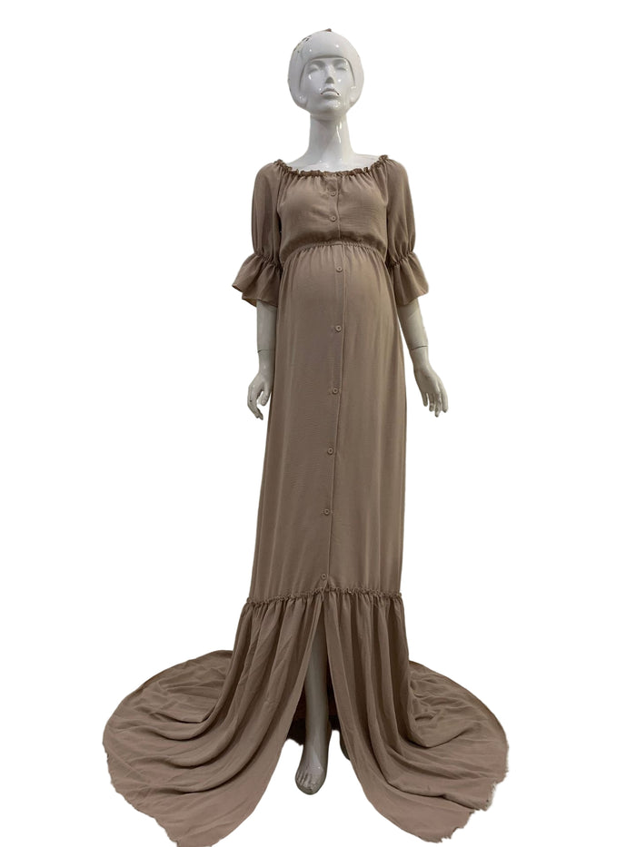 Babymoon Puff Sleeve Front Slit Maternity Gown Dress | Beige