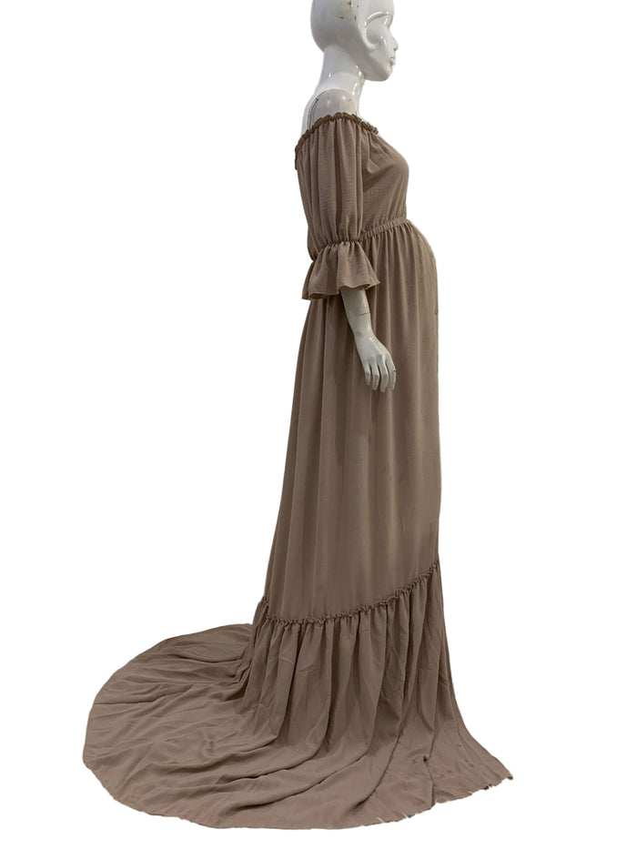 Babymoon Puff Sleeve Front Slit Maternity Gown Dress | Beige