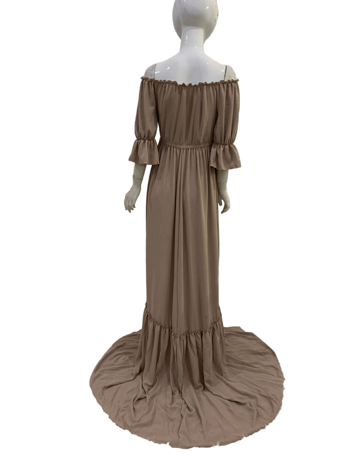 Babymoon Puff Sleeve Front Slit Maternity Gown Dress | Beige