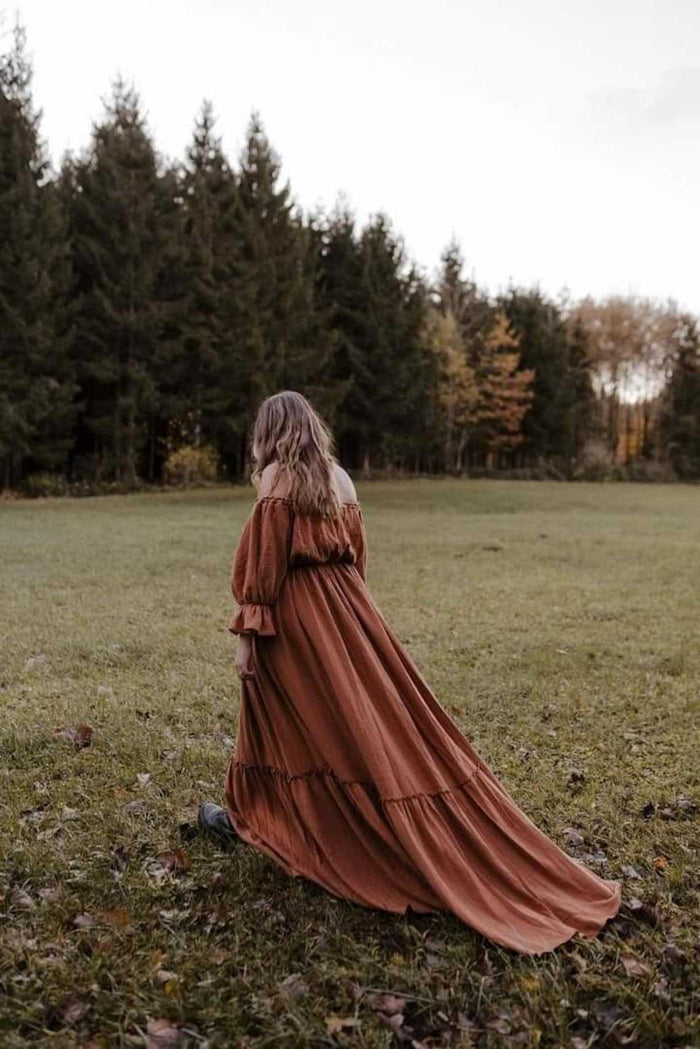 Babymoon Puff Sleeve Front Slit Maternity Gown Dress | Orange