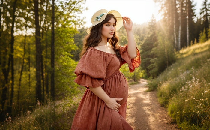 Babymoon Puff Sleeve Front Slit Maternity Gown Dress | Orange