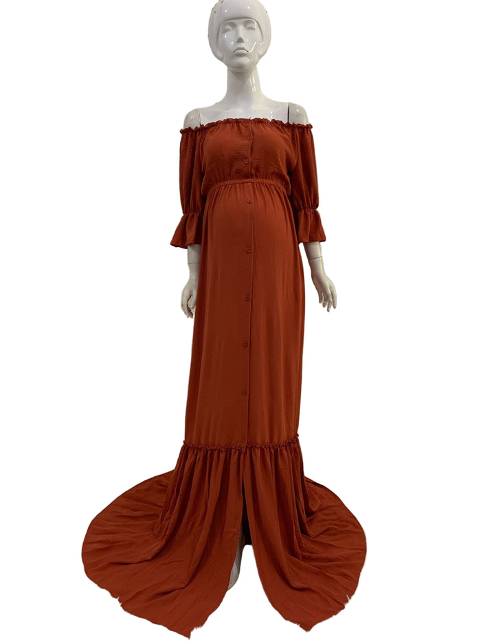 Babymoon Puff Sleeve Front Slit Maternity Gown Dress | Orange