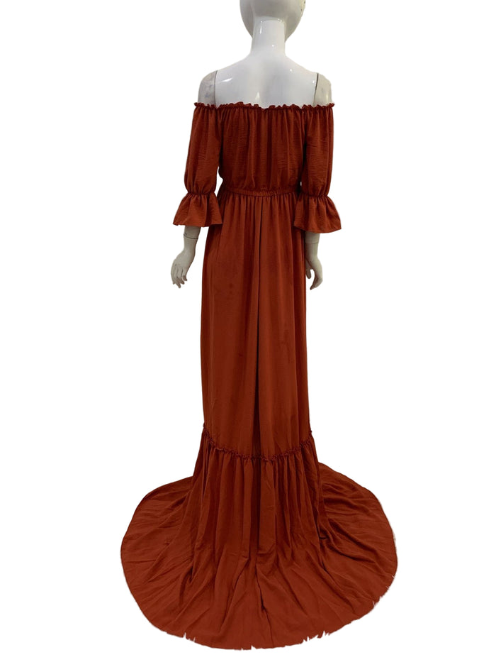 Babymoon Puff Sleeve Front Slit Maternity Gown Dress | Orange
