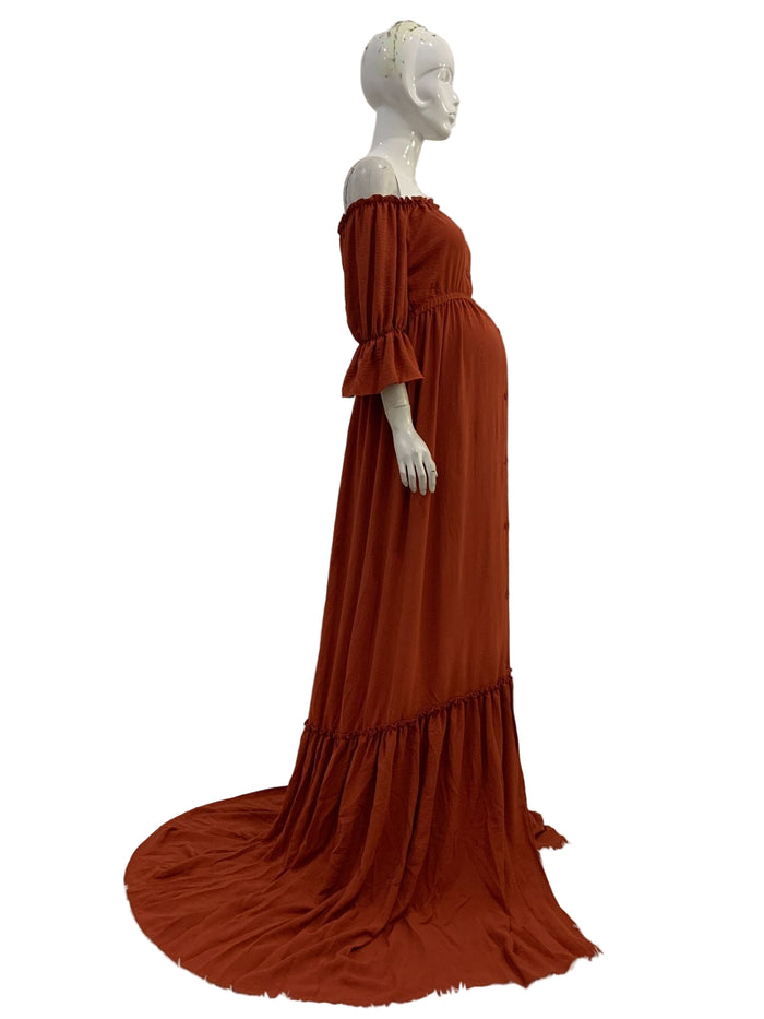 Babymoon Puff Sleeve Front Slit Maternity Gown Dress | Orange
