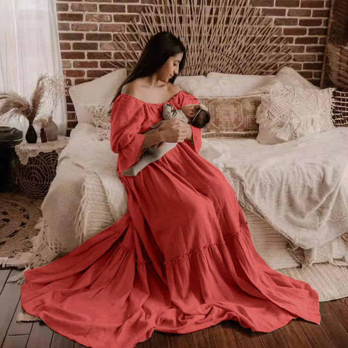Babymoon Puff Sleeve Front Slit Maternity Gown Dress | Pink Carnation