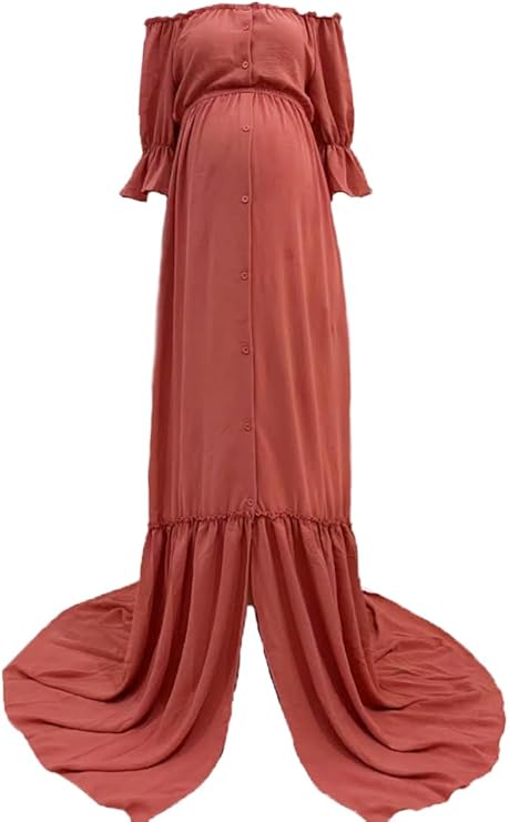 Babymoon Puff Sleeve Front Slit Maternity Gown Dress | Pink Carnation