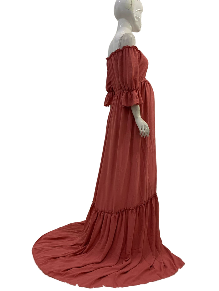 Babymoon Puff Sleeve Front Slit Maternity Gown Dress | Pink Carnation