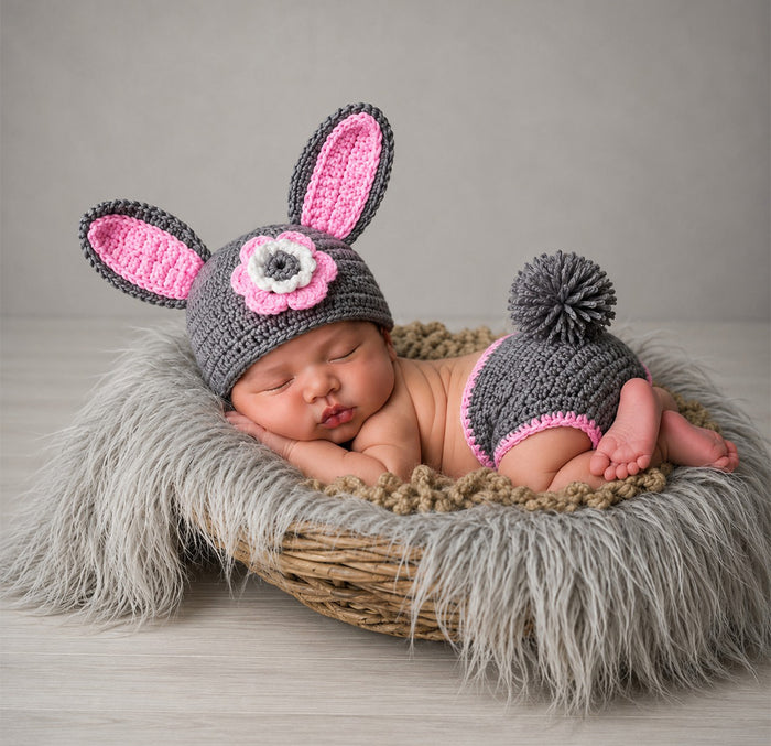 Babymoon Rabbit Newborn Photography Crochet Outfit Costume - Grey