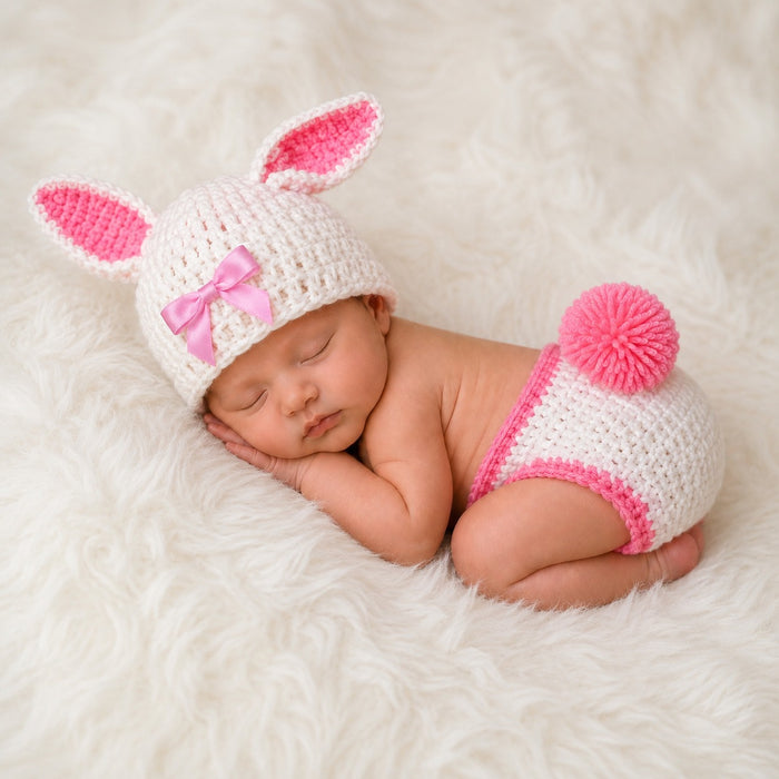 Babymoon Rabbit Newborn Photography Crochet Outfit Costume - White