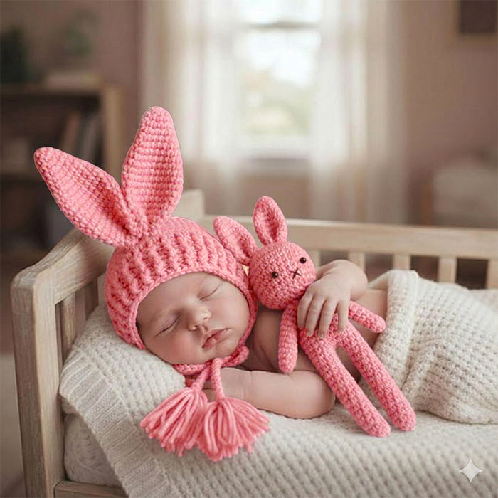 Babymoon Rabbit Toy with Cap New Born Baby Photography Shoot Props Costumes- Pink