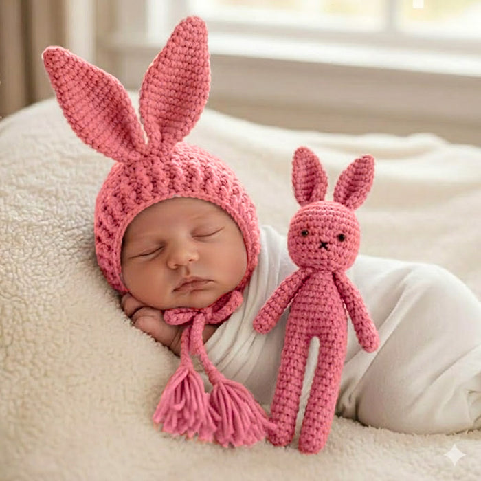 Babymoon Rabbit Toy with Cap New Born Baby Photography Shoot Props Costumes- Pink