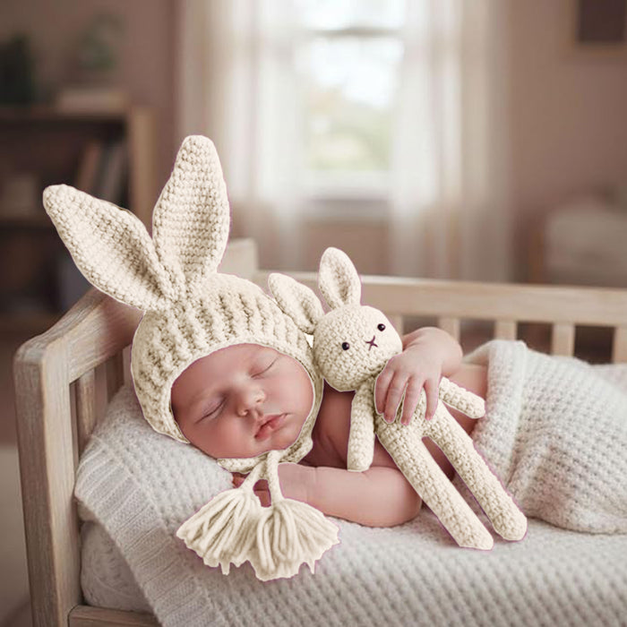 Babymoon Rabbit Toy with Cap New Born Baby Photography Shoot Props Costumes- White