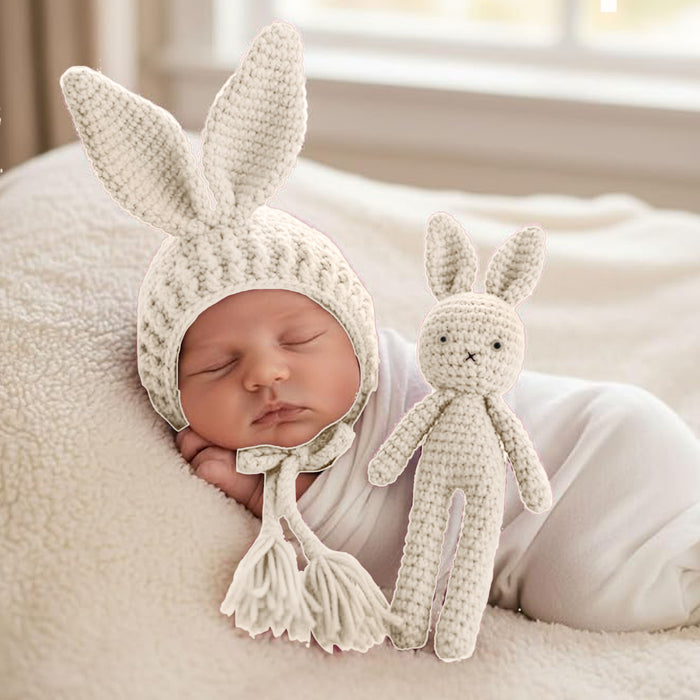 Babymoon Rabbit Toy with Cap New Born Baby Photography Shoot Props Costumes- White