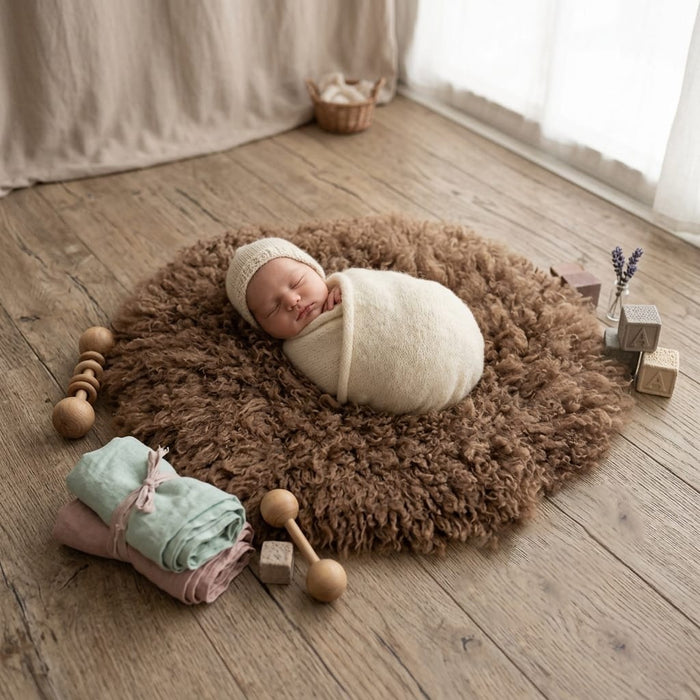 Babymoon Round Wool Flokati Fur Blanket | Photoshoot Props | Brown