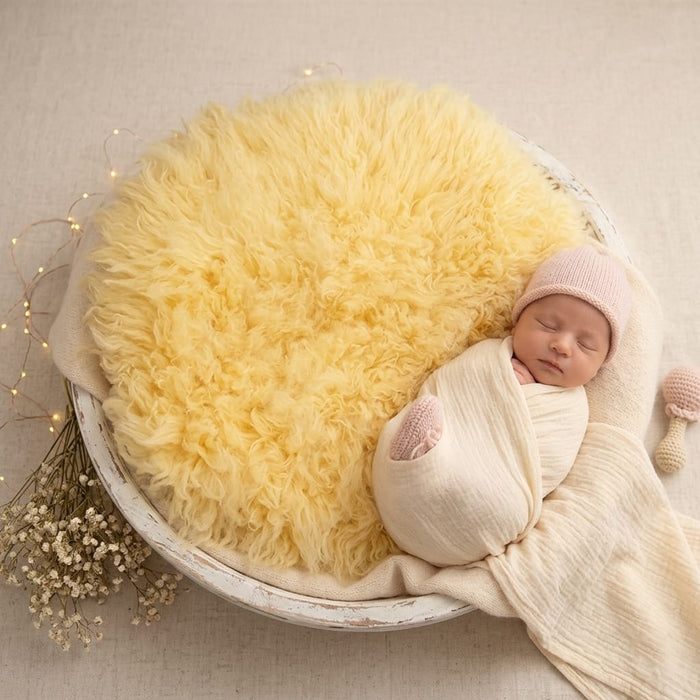 Babymoon Round Wool Flokati Fur Blanket | Photoshoot Props | Yellow