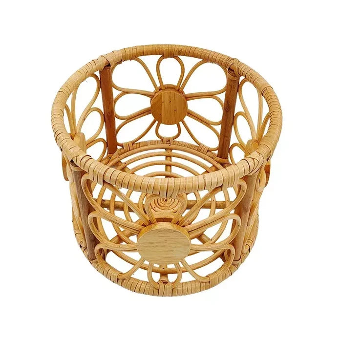 Babymoon Rustic Blossom Round Cane Bamboo Basket | Wooden Properties | Baby Photography Props
