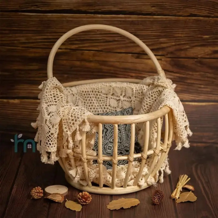 Babymoon Rustic Cane Lotus Basket | Wooden Properties | Baby Photography Props