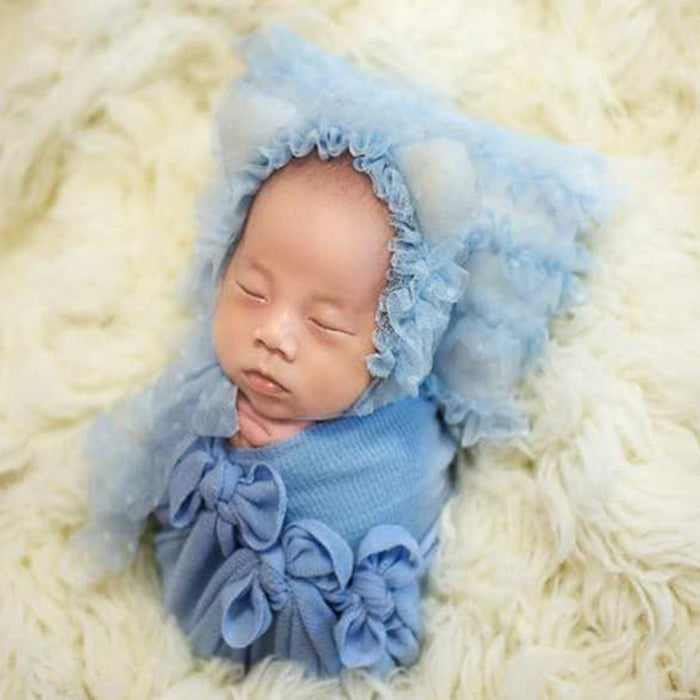 Babymoon Set of 2 | Baby Net Frill Pillow with Bonnet | Baby Photoshoot Props | Blue