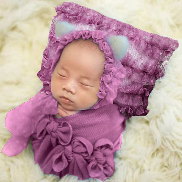 Babymoon Set of 2 | Baby Net Frill Pillow with Bonnet | Baby Photoshoot Props | Purple