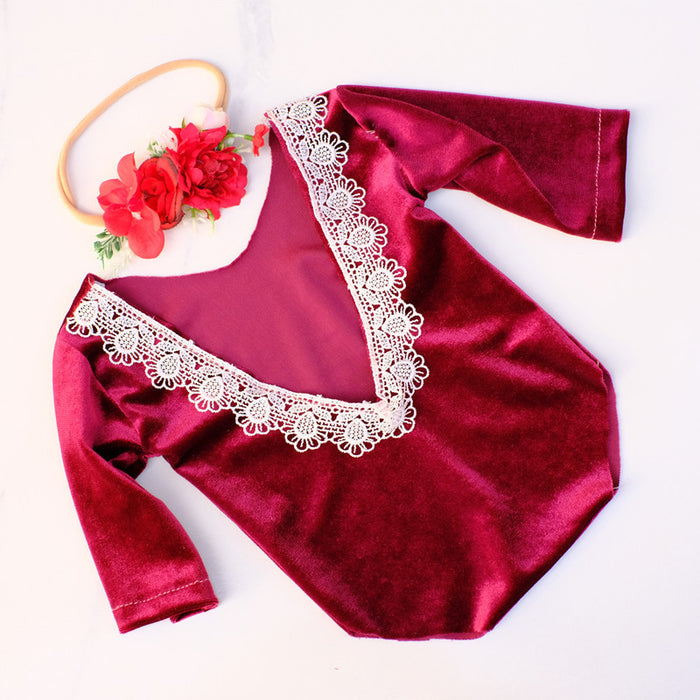 Babymoon | Set of 2 | Baby Velvet Romper and Hairband | Baby Photoshoot Props | Baby Costume | Red
