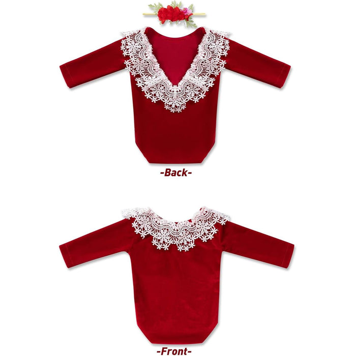 Babymoon | Set of 2 | Baby Velvet Romper and Hairband | Baby Photoshoot Props | Baby Costume | Red