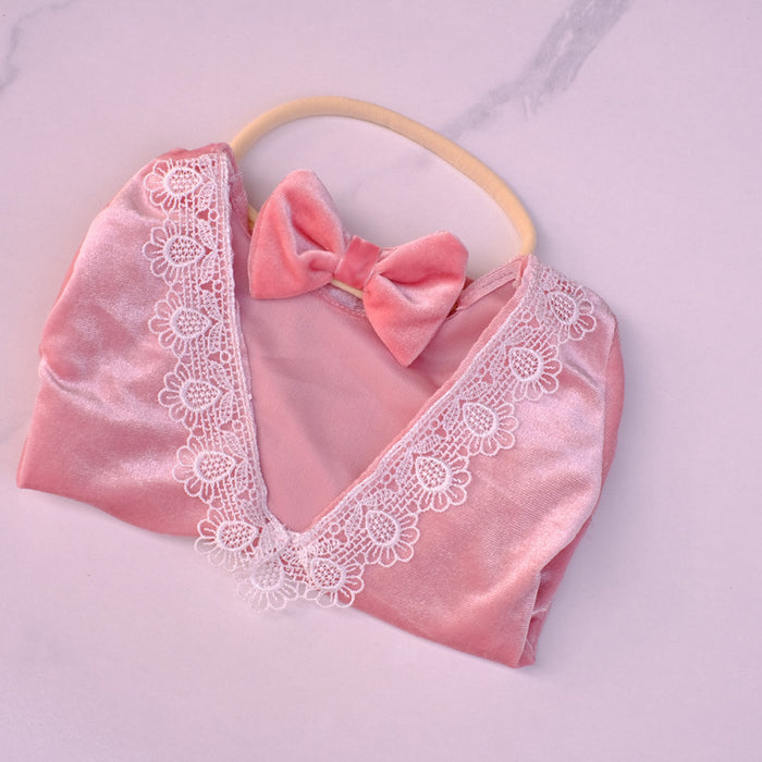 Babymoon | Set of 2 | Baby Velvet Romper and Hairband | Baby Photoshoot Props | Baby Costume | Pink