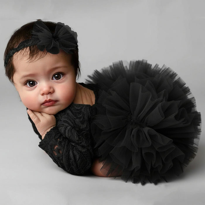 Babymoon Set of 2 | Fluffy Romper & Hairband | Baby Photoshoot Props Costumes | Black | 0-1 Month