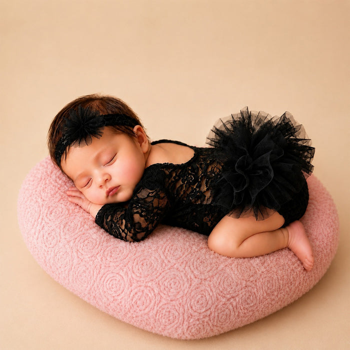 Babymoon Set of 2 | Fluffy Romper & Hairband | Baby Photoshoot Props Costumes | Black | 0-1 Month