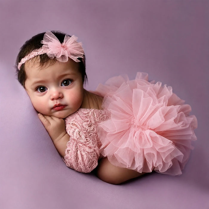 Babymoon Set of 2 | Fluffy Romper & Hairband | Baby Photoshoot Props Costumes | Pink | 0-1 Month