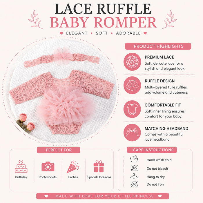 Babymoon Set of 2 | Fluffy Romper & Hairband | Baby Photoshoot Props Costumes | Pink | 0-1 Month