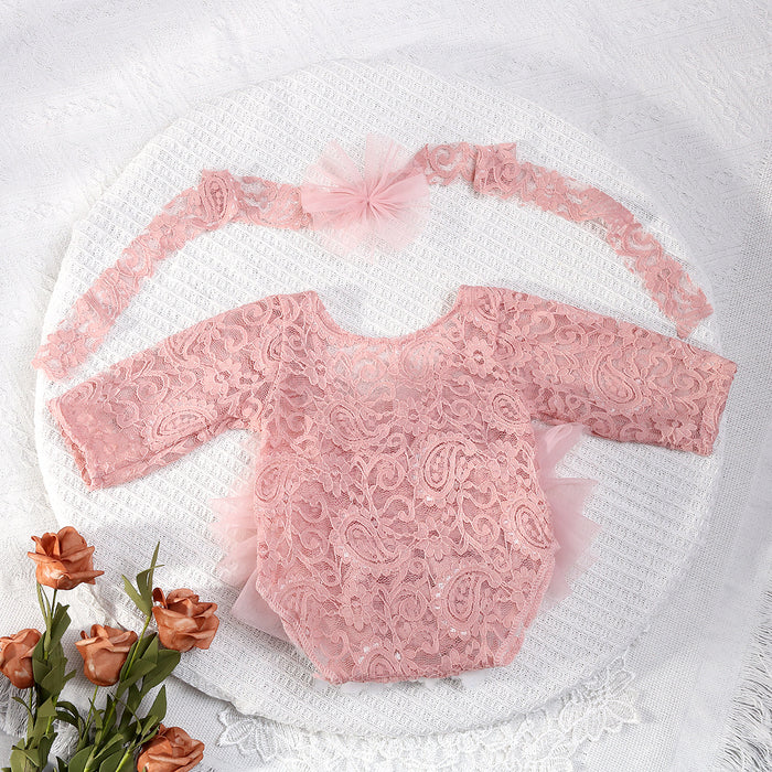 Babymoon Set of 2 | Fluffy Romper & Hairband | Baby Photoshoot Props Costumes | Pink | 0-1 Month
