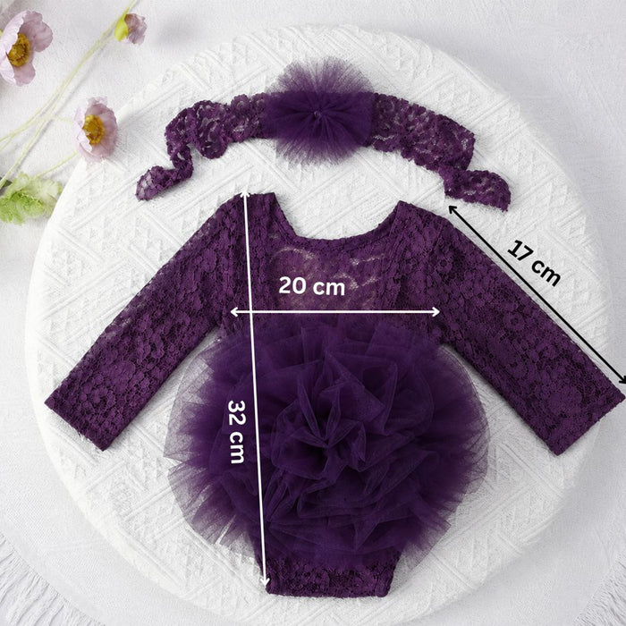 Babymoon Set of 2 | Fluffy Romper & Hairband | Baby Photoshoot Props Costumes | Purple | 0-1 Month
