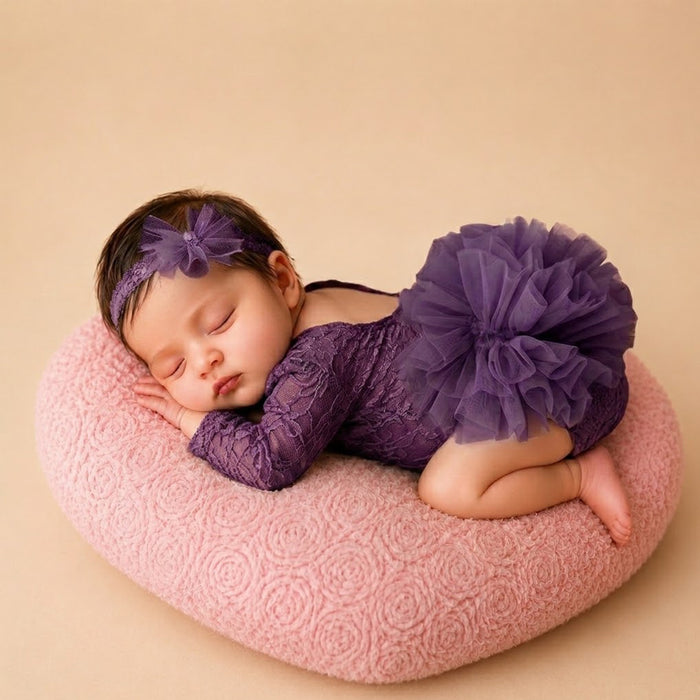 Babymoon Set of 2 | Fluffy Romper & Hairband | Baby Photoshoot Props Costumes | Purple | 0-1 Month