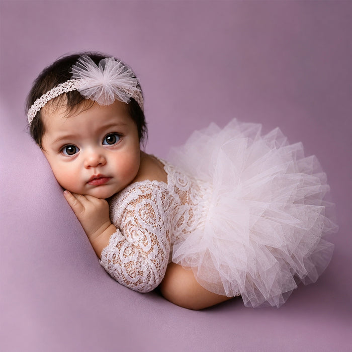 Babymoon Set of 2 | Fluffy Romper & Hairband | Baby Photoshoot Props Costumes | White | 0-1 Month