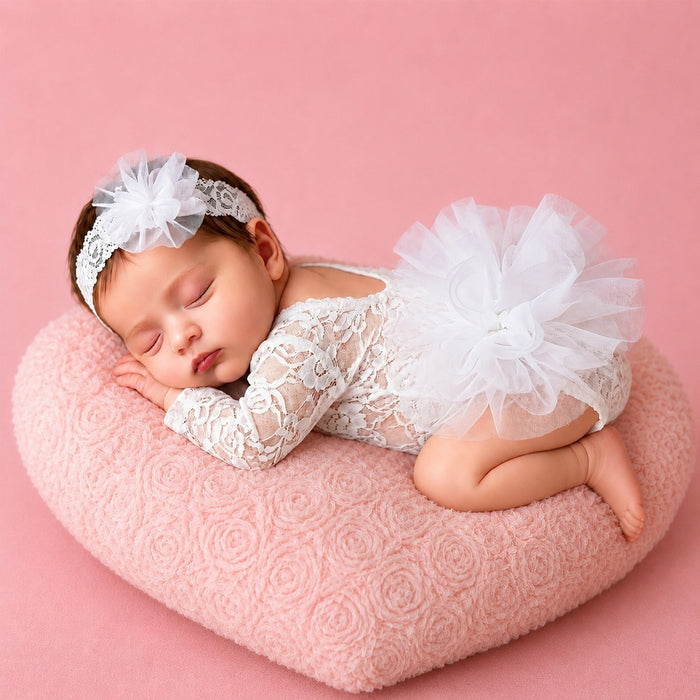Babymoon Set of 2 | Fluffy Romper & Hairband | Baby Photoshoot Props Costumes | White | 0-1 Month