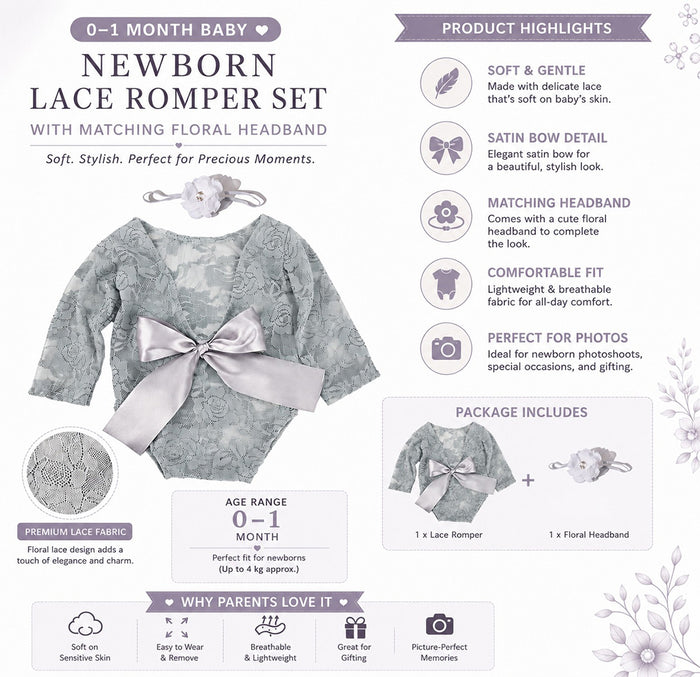 Babymoon Set of 2 | Lace Romper with Hairband Photoshoot Props Costume | 0-1 Month | Grey