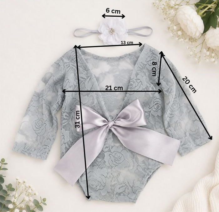 Babymoon Set of 2 | Lace Romper with Hairband Photoshoot Props Costume | 0-1 Month | Grey